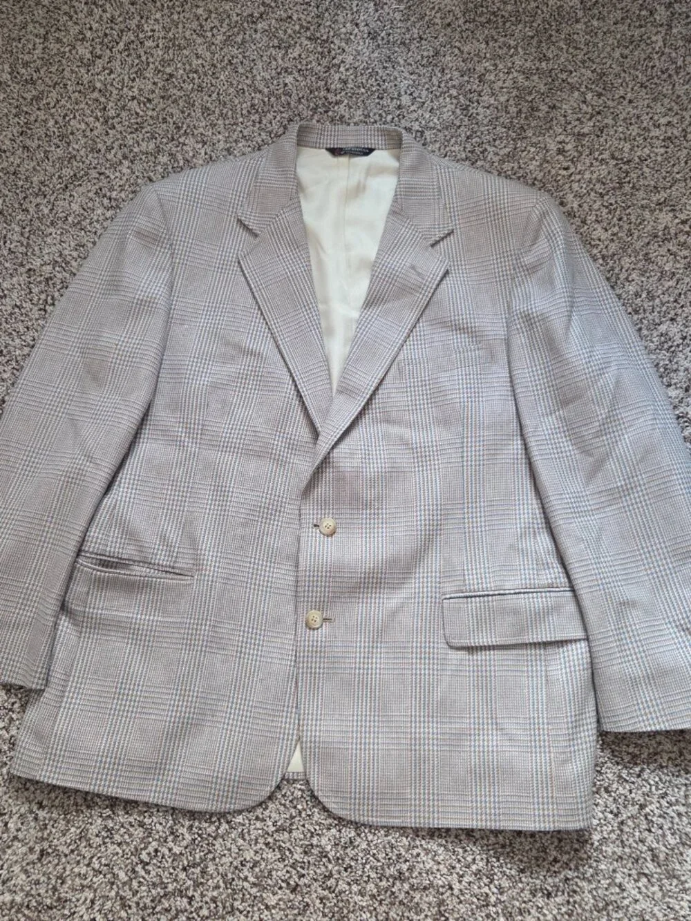 Vintage Orvis Blazer Mens 44R Tan Blue Wool Tweed Houndstooth Check USA Made